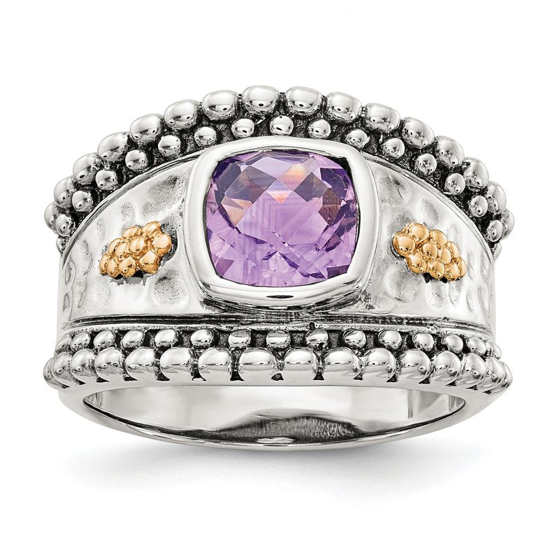 Sterling Silver with 14K Accent Antiqued Checkerboard-cut Cushion Bezel Amethyst Ring