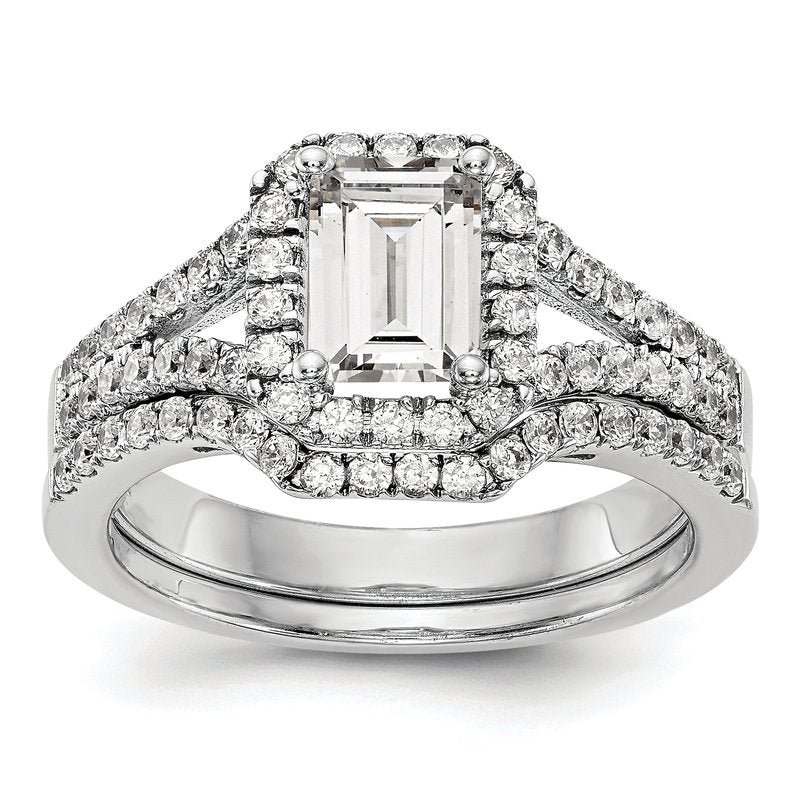 14K White Gold 3/8 carat Lab Grown Diamond VS+ F+ Semi-Mount Emerald Halo Engagement Ring