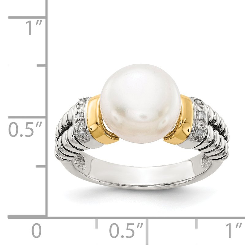 Sterling Silver with 14K Accent Antiqued Diamond and 9.5-10mm Freshwater Cultured Pearl Ring
