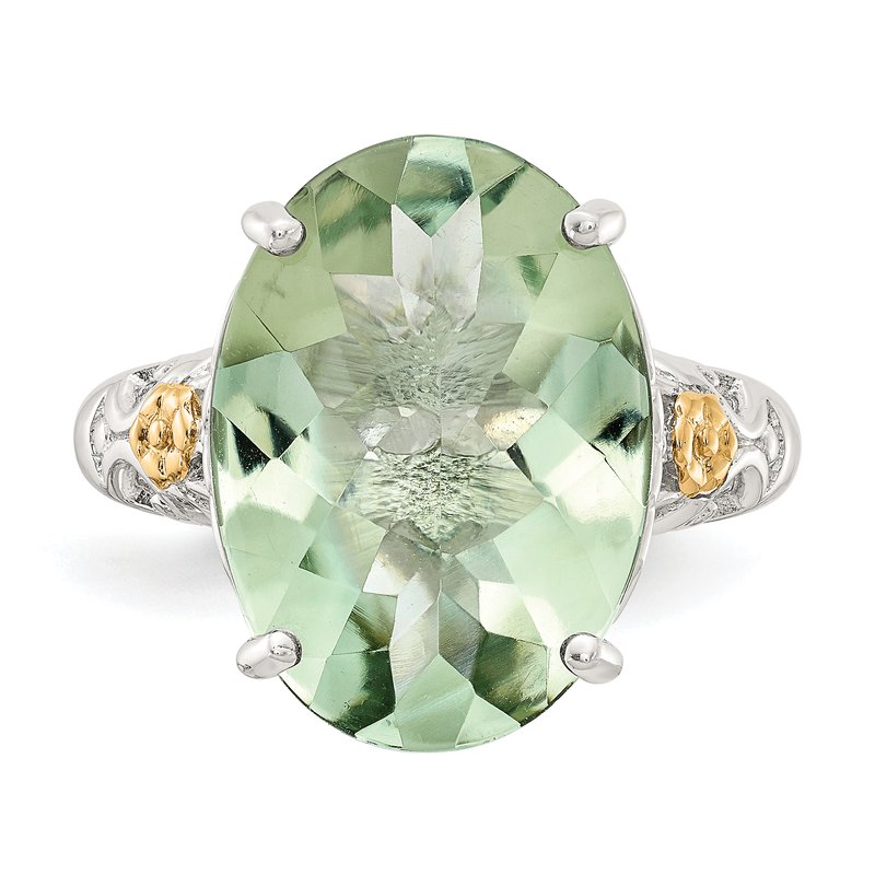 Sterling Silver Rhodium-plated with 14K Accent Oval Green Quartz Ring