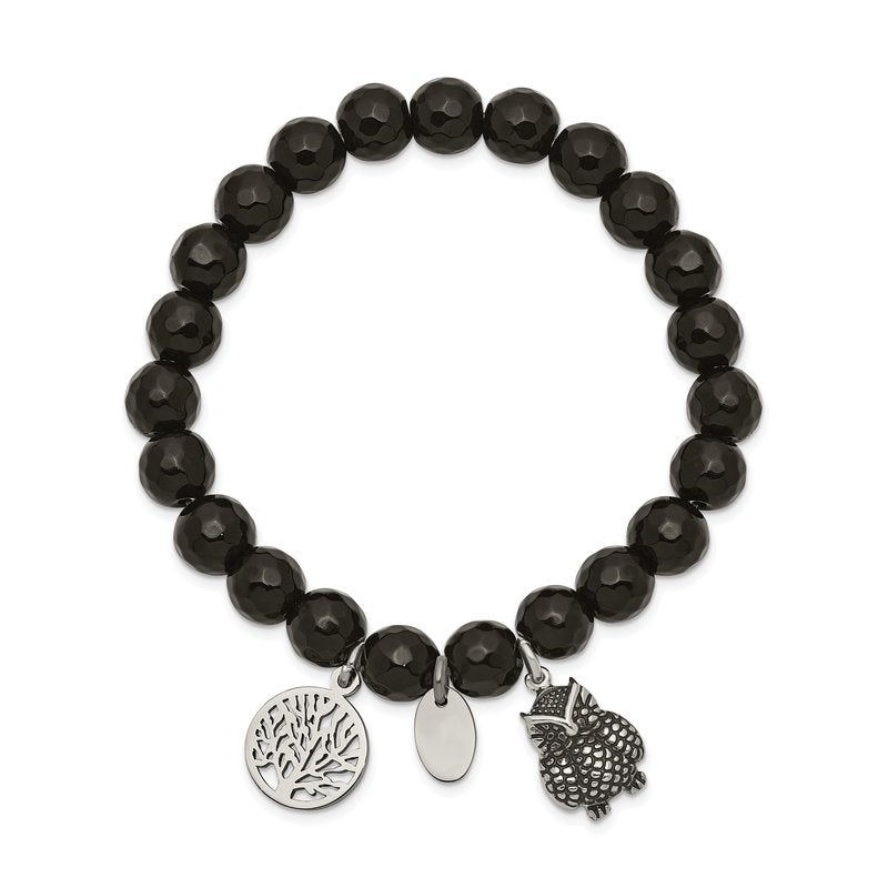 Stainless Steel Antiqued and Polished Owl and Tree of Life 8mm Black Jade Beaded Stretch Bracelet