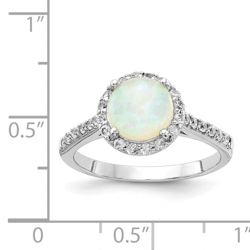 Sterling Silver Rhodium-plated Cabochon Lab Created Opal and Brilliant-cut CZ Halo Ring