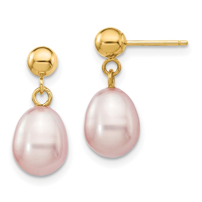 14k 7-8mm Purple Rice Freshwater Cultured Pearl Dangle Post Earrings