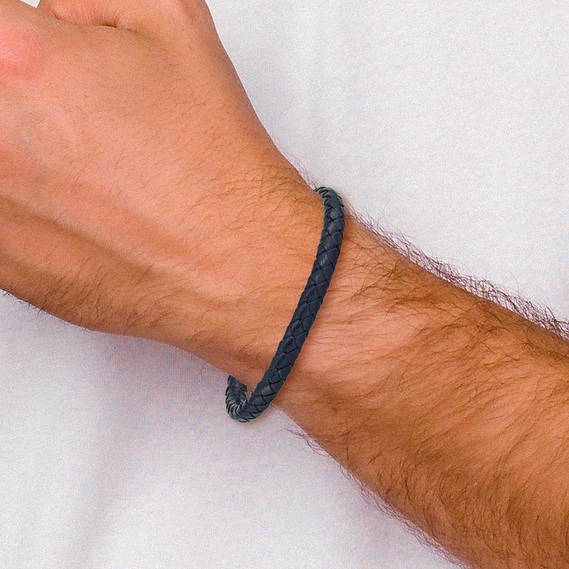 Stainless Steel Brushed Navy Blue Braided Leather 8.25 inch Bracelet