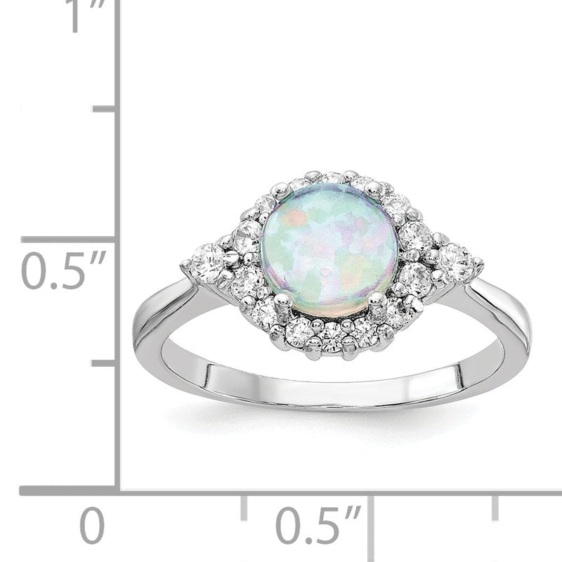 Sterling Silver Rhodium-plated Cabochon Lab Created Opal and Brilliant-cut CZ Ring