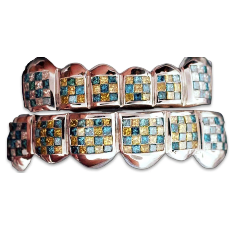Blue &amp; Yellow Diamond Checker board patter invisible set Grill