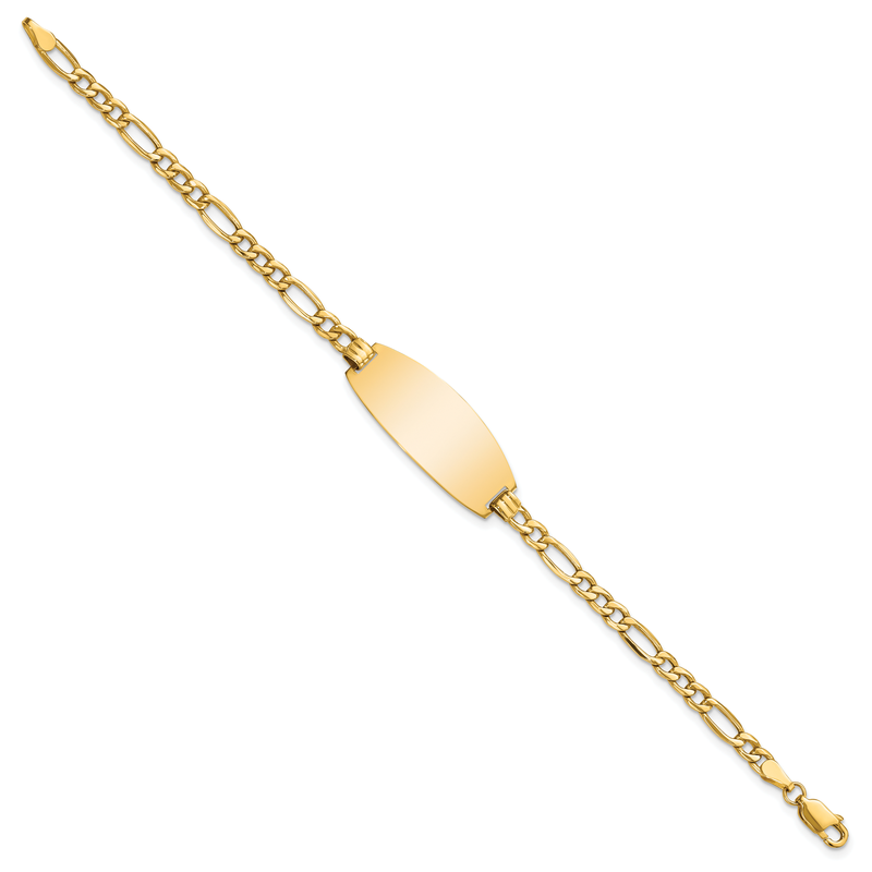 14k Polished Semi-Solid Chain/Solid Plate Figaro Link Oval 26.5x11.5mm Plate 7 inch ID Bracelet