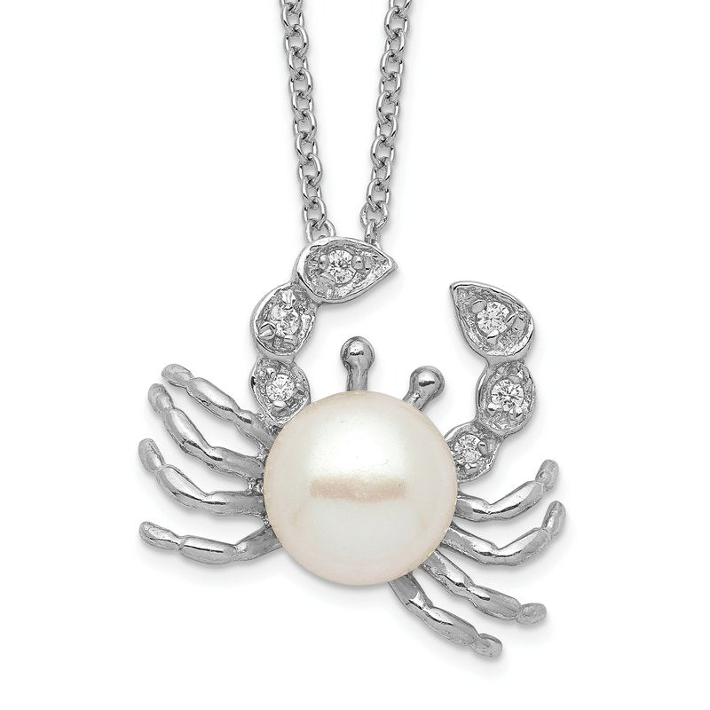 Sterling Silver Rhodium-plated Freshwater Cultured Pearl and Brilliant-cut CZ Crab 18 Inch Necklace