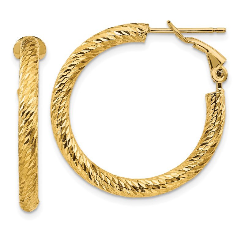14k 3x20mm Diamond-cut Round Omega Back Hoop Earrings