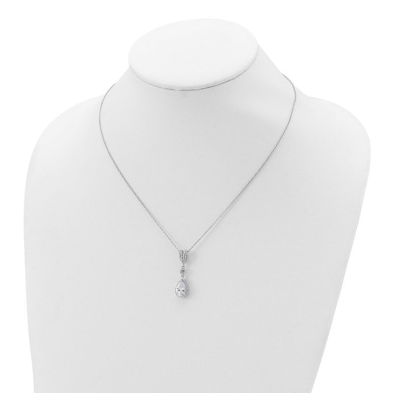 Sterling Silver Rhodium-plated Brilliant-cut CZ Teardrop and Bezel Halo 18 Inch Necklace