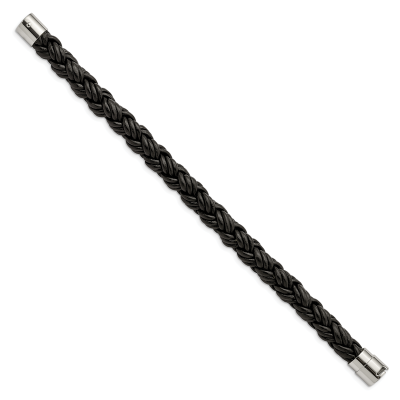 Stainless Steel Polished Twisted Black Braided Leather 8.5 inch Bracelet