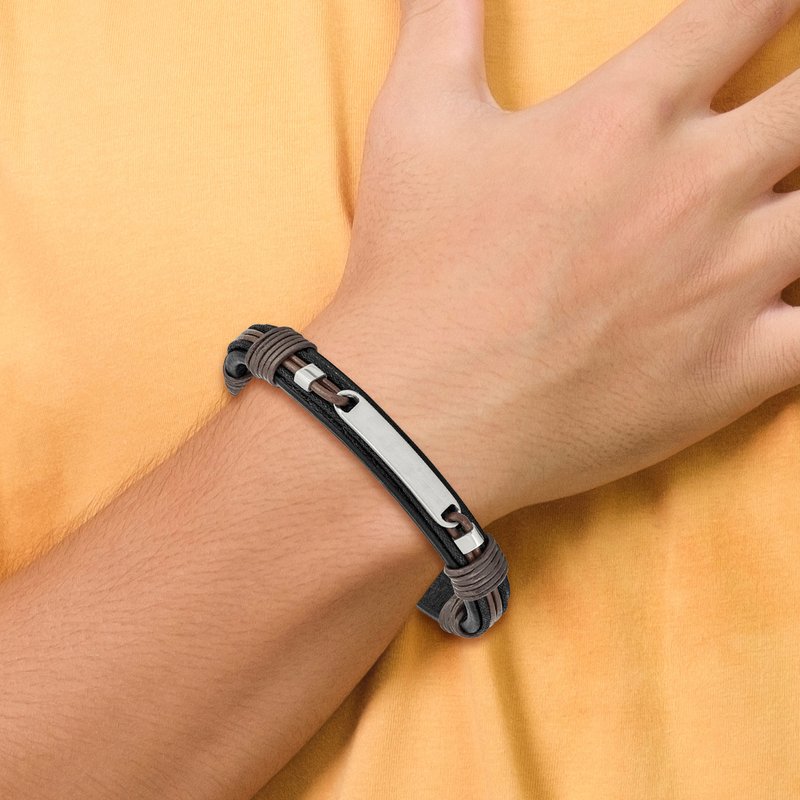 Stainless Steel Polished Black and Brown Leather 8.25 inch ID Bracelet