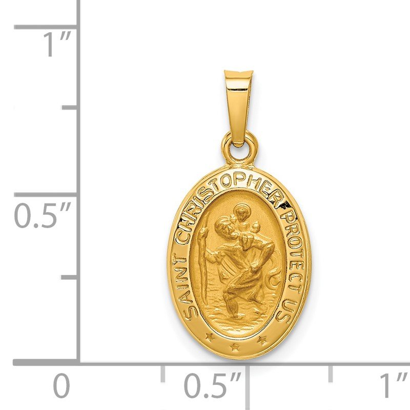 14k Polished and Satin Hollow St. Christopher Medal Oval Pendant