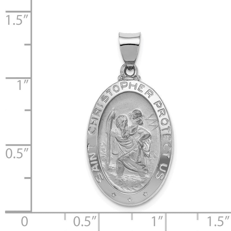 14k White Gold Polished and Satin Hollow St Christopher Medal Oval Pendant