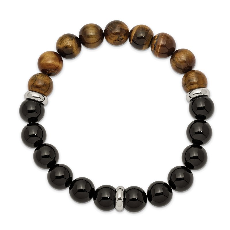Stainless Steel Polished 10.5mm Black Agate and Tiger's Eye Beaded Stretch Bracelet