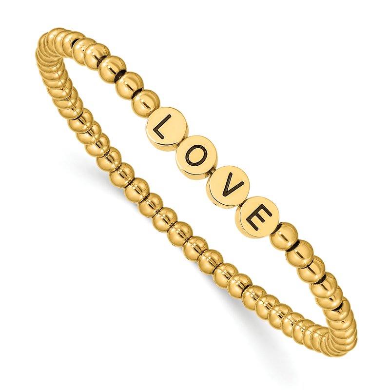 Stainless Steel Antiqued and Polished Yellow IP-plated LOVE 4mm Beaded Stretch Bracelet