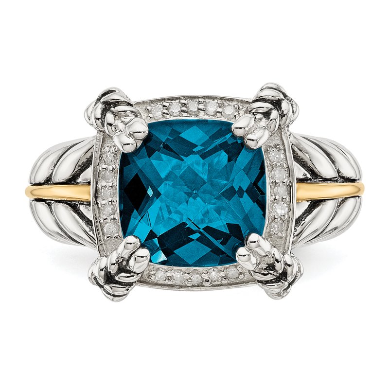Sterling Silver with 14K Accent Antiqued London Blue Topaz and Diamond Ring