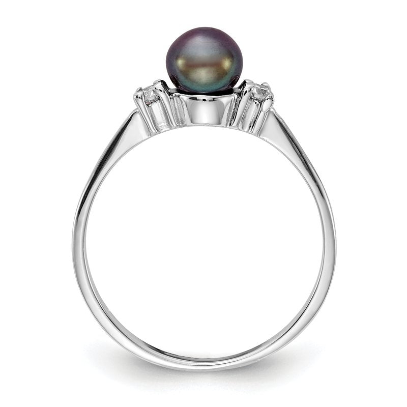 14k White Gold 5mm Black FW Cultured Pearl AA Diamond Ring