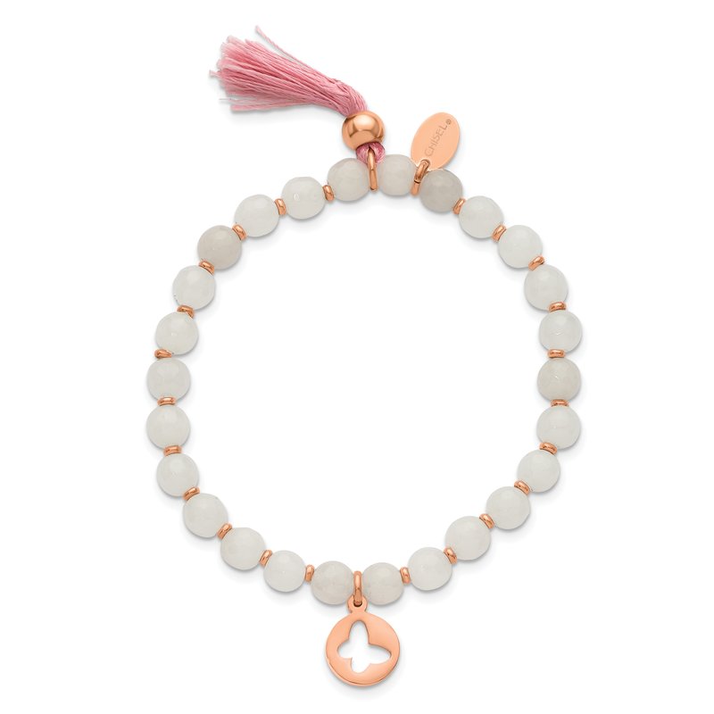 Stainless Steel Polished Rose IP-plated Butterfly 6mm Pink Agate Beaded Stretch Bracelet with Tassel
