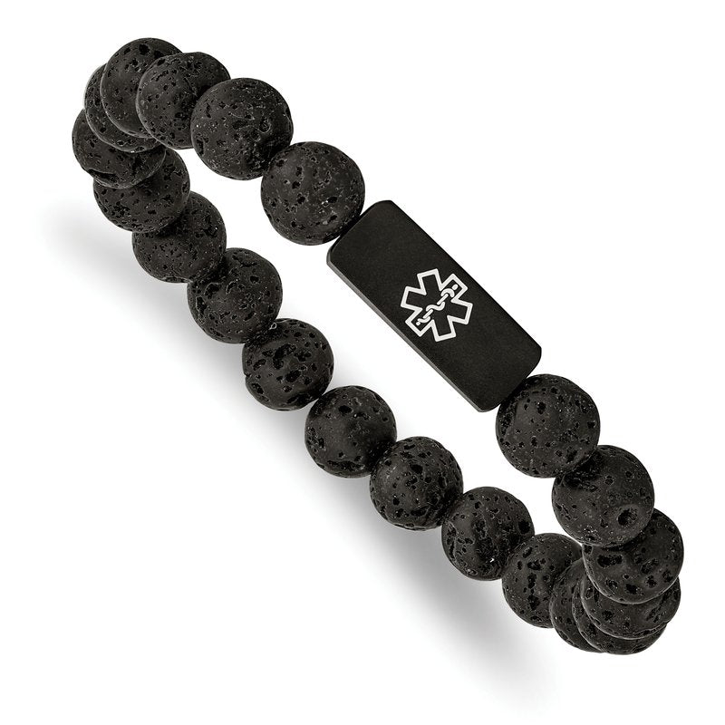 Stainless Steel Brushed Black IP-plated with White Enamel Medical ID 8.5mm Lava Stone Beaded Stretch Bracelet
