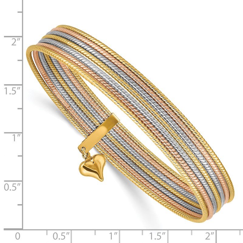 14K Tri-color Polished and Textured with Dangle Heart 7-Strand 11.00mm Slip-on Round Bangle Bracelet