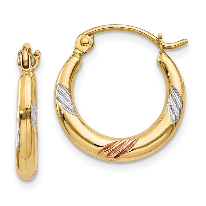 14k &amp; White &amp; Rose Rhodium Polished &amp; Textured Hoop Earrings