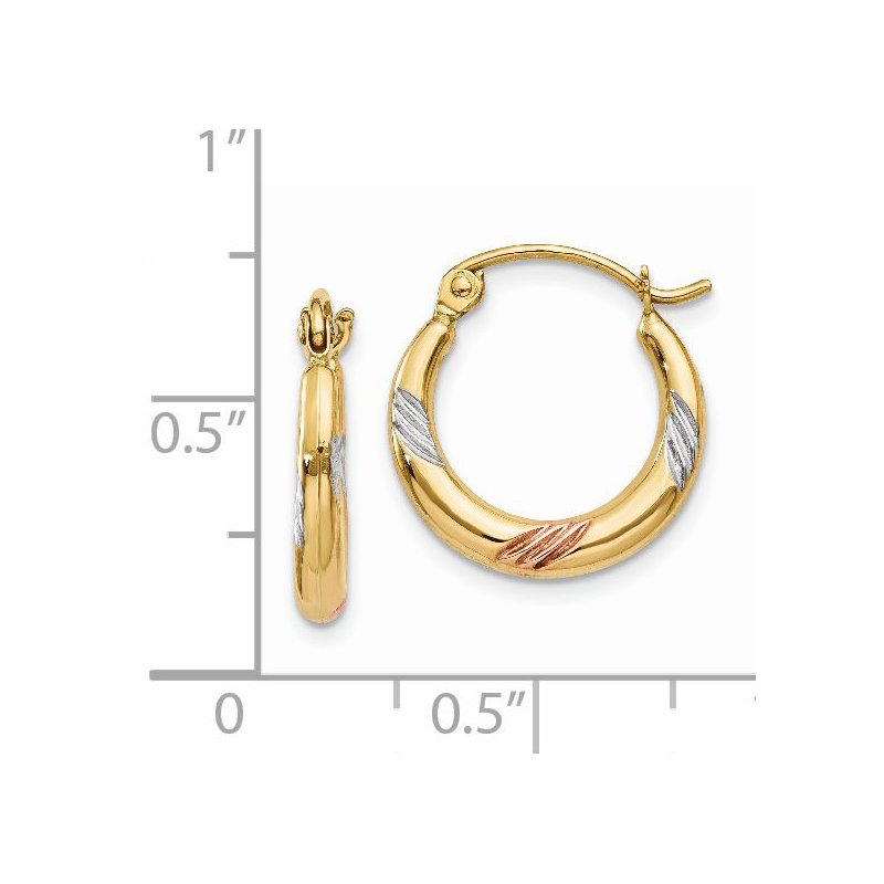 14k &amp; White &amp; Rose Rhodium Polished &amp; Textured Hoop Earrings