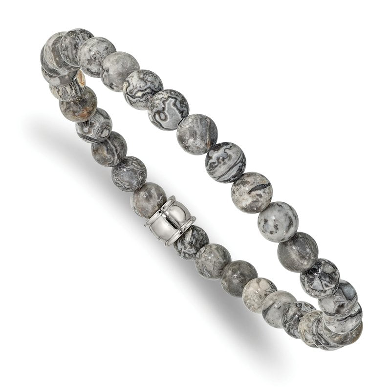 Stainless Steel Polished 6mm Grey Jasper Beaded Stretch Bracelet
