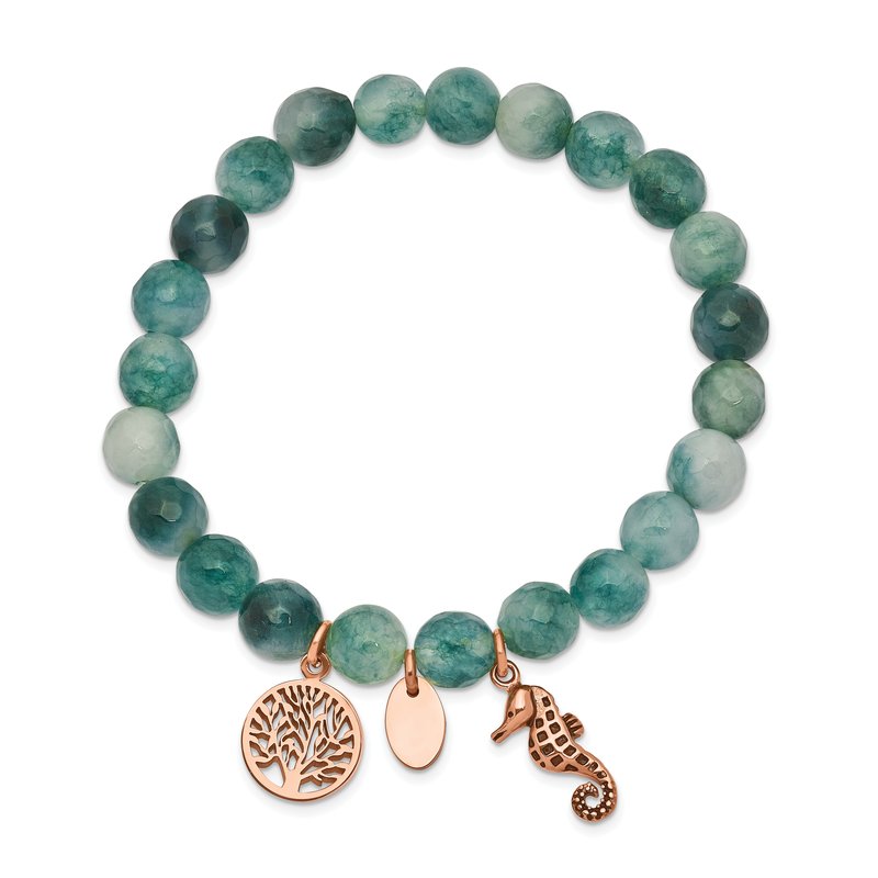Stainless Steel Antiqued and Polished Rose IP-plated Seahorse and Tree of Life 8mm Green Dyed Jade Beaded Stretch Bracelet