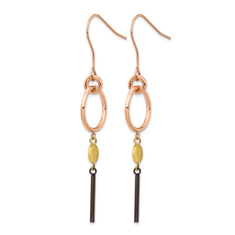 Stainless Steel Polished Black, Rose and Yellow IP-plated Dangle Shepherd Hook Earrings