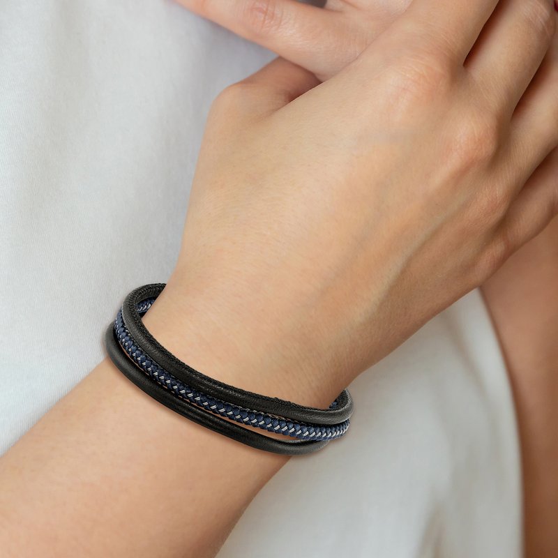 Stainless Steel Brushed Wire Multi Strand Black and Blue Braided Leather 8 inch Bracelet
