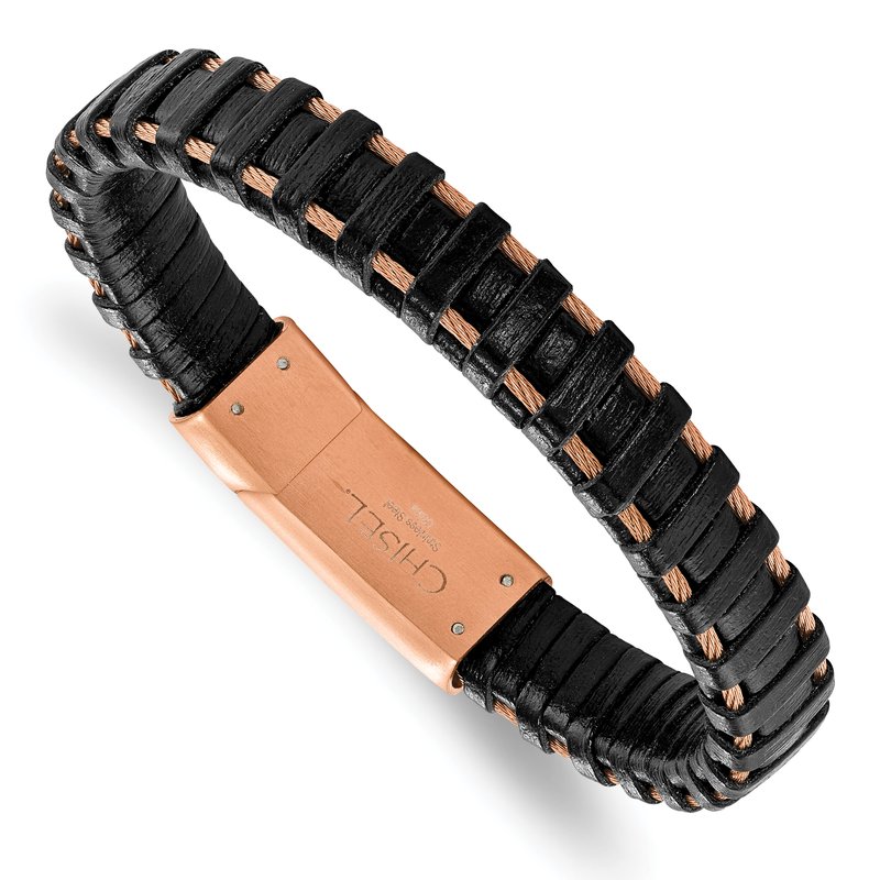 Stainless Steel Polished Rose IP-plated Cable and Black Leather 8.5 inch Bracelet