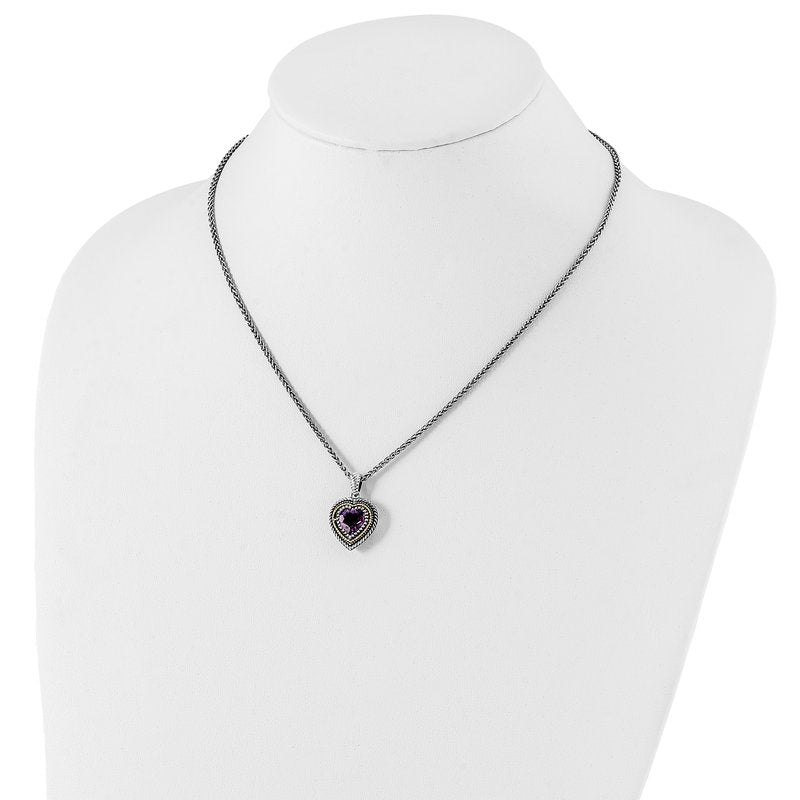 Sterling Silver with 14K Accent 18 inch Antiqued Amethyst Heart Necklace