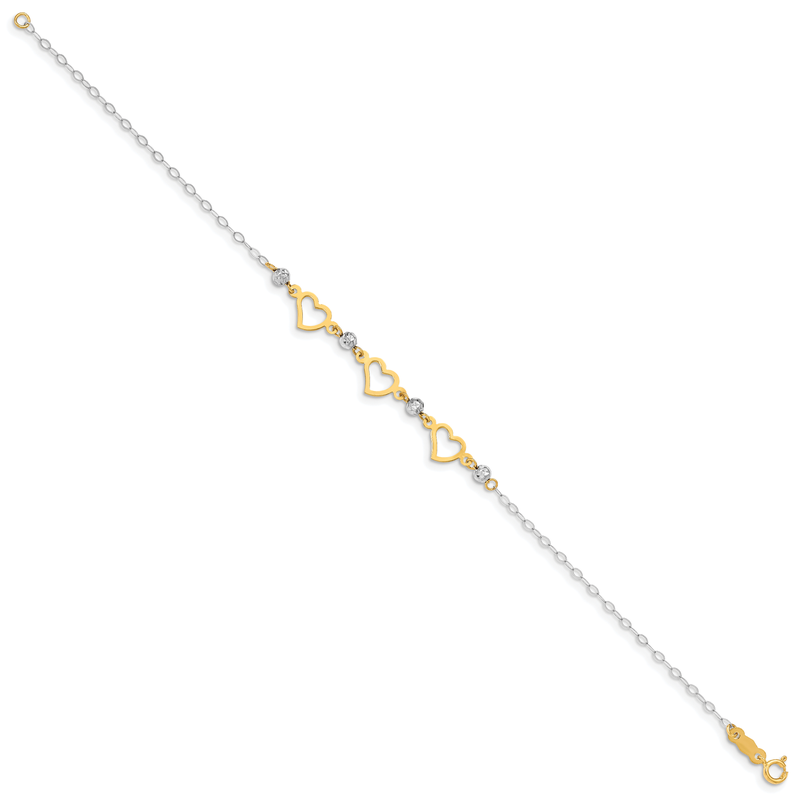 14K Two-tone Hearts and Diamond-cut Beads 7.5 inch Bracelet