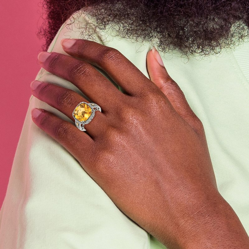 Sterling Silver with 14K Accent Antiqued Cushion Citrine Ring