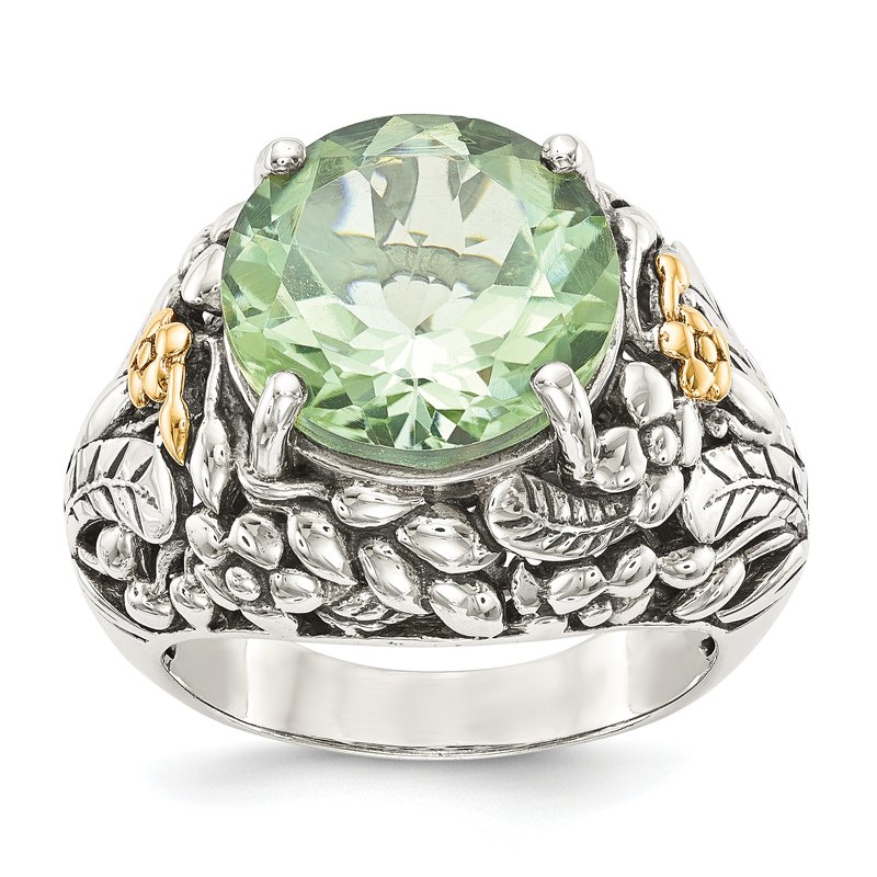 Sterling Silver with 14K Accent Antiqued Round Green Quartz Ring