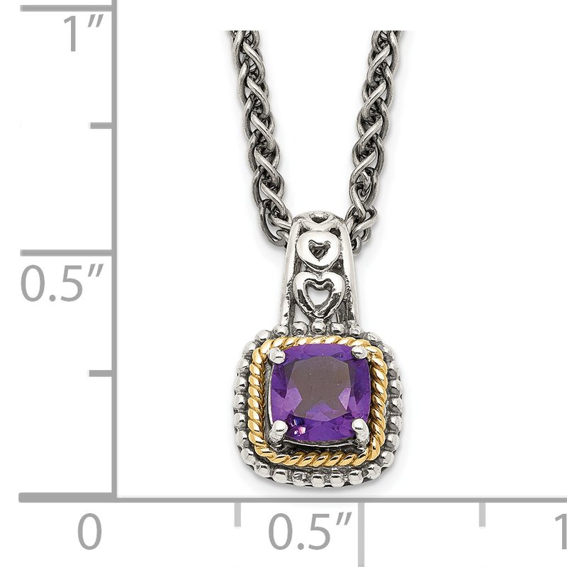 Sterling Silver with 14K Accent 18 Inch Antiqued Cushion Amethyst Necklace