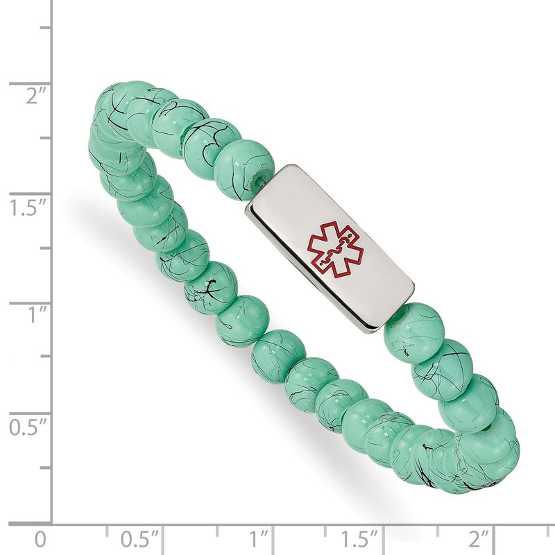 Stainless Steel Polished with Red Enamel Medical ID 6.5mm Turquoise Glass Beaded Stretch Bracelet