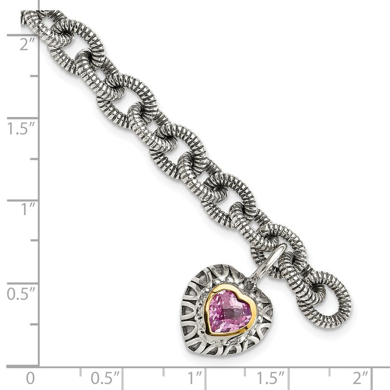Sterling Silver with 14K Accent 7.5 Inch Antiqued Heart Bezel Created Pink Sapphire Heart Charm Bracelet