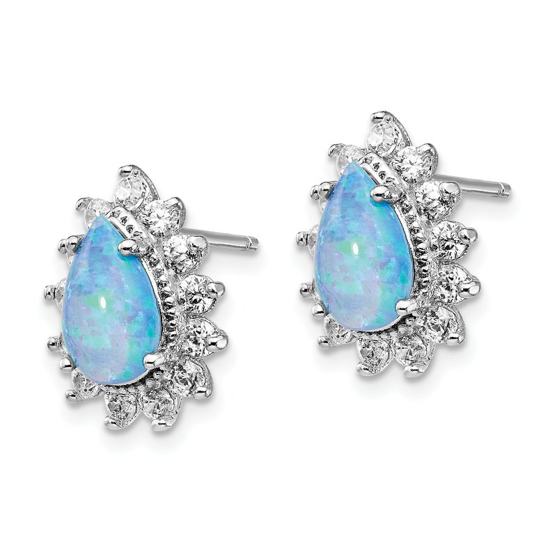Sterling Silver Rhodium-plated Cabochon Lab Created Blue Opal and Brilliant-cut CZ Teardrop Shaped Post Earrings