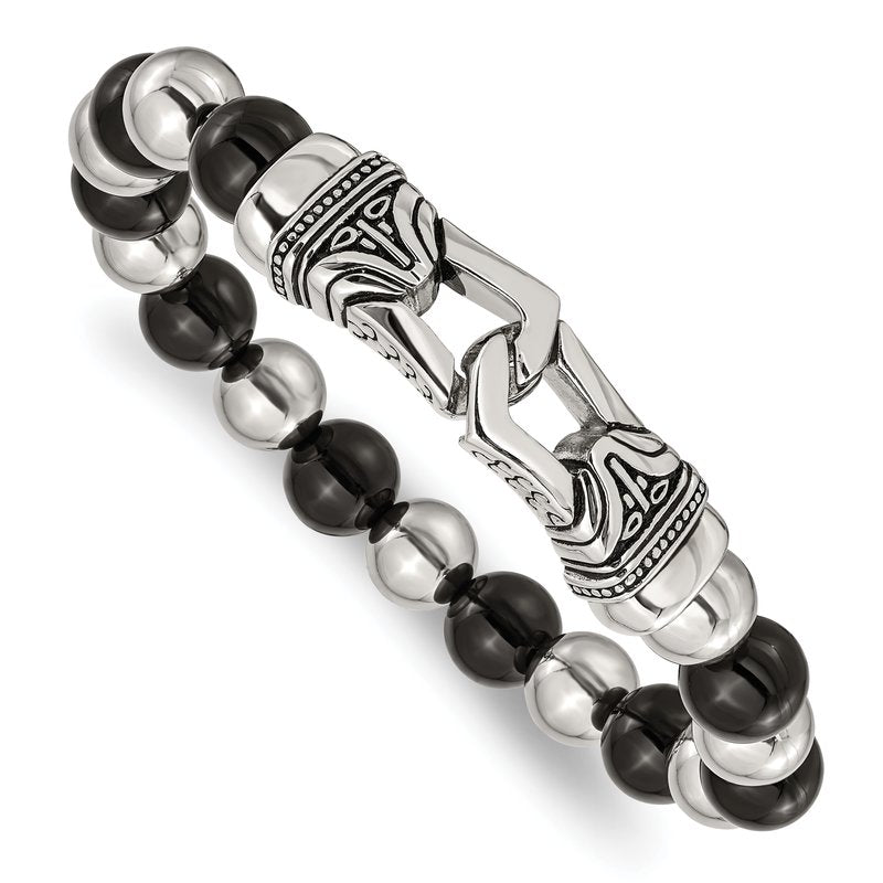Stainless Steel Antiqued and Polished 10mm Black Agate Beaded Stretch Bracelet