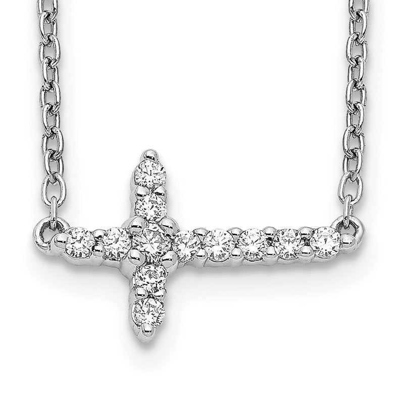 14k White Gold 1/10 carat Diamond Sideways Cross 18 inch Necklace