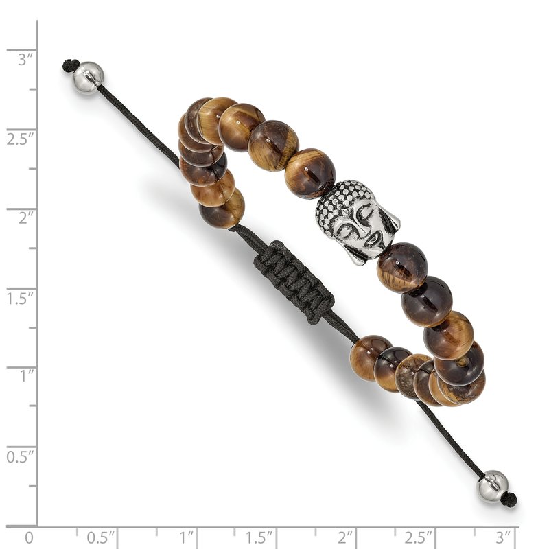 Stainless Steel Antiqued and Polished Tiger's Eye Buddha Black Macrame Adjustable Bracelet