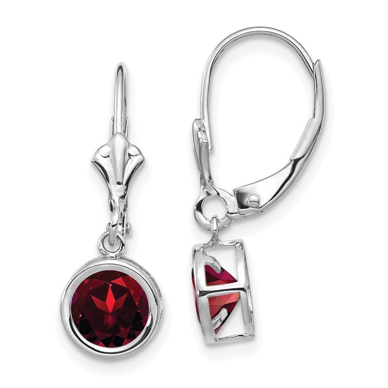 14k White Gold 6mm Round Garnet Dangle Leverback Earrings