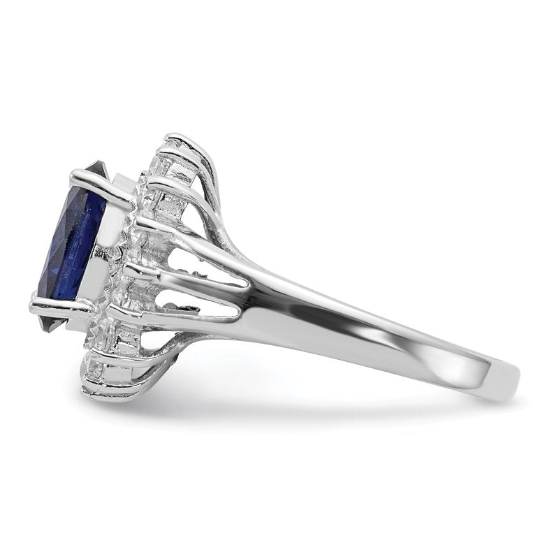 Sterling Silver Rhodium-plated Brilliant-cut Lab Created Dark Blue Spinel and Brilliant-cut White CZ Oval Halo Ring