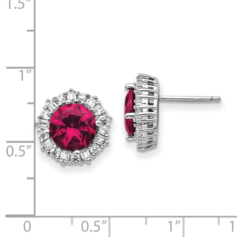 Sterling Silver Rhodium-plated Brilliant-cut Lab Created Ruby and Brilliant-cut/Baguette-cut White CZ Post Earrings