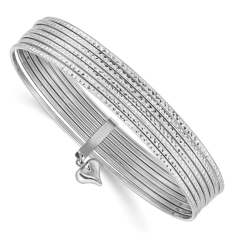 14K Oversize White Gold Polished and Textured with Dangle Heart 7-Strand 11.00mm Slip-on Round Bangle Bracelet