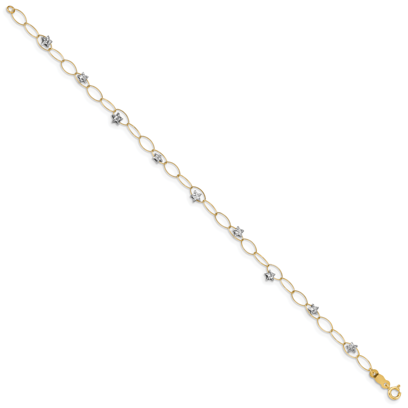 14k Two-tone Diamond-cut Puffed Stars and Oval Link 7.25 inch Bracelet