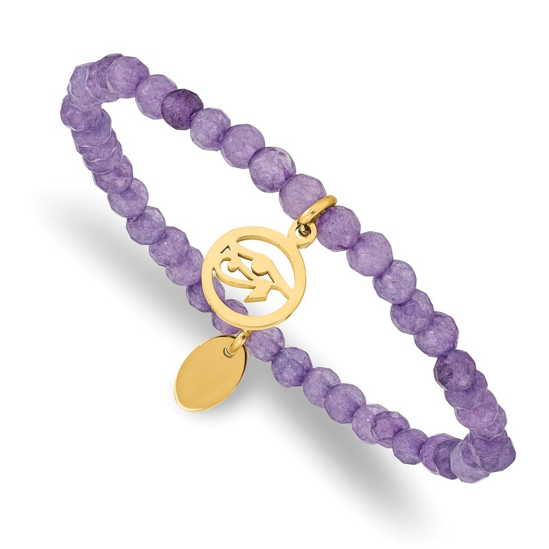 Stainless Steel Polished Yellow IP-plated Eye of Horus 4mm Purple Jade Beaded Stretch Bracelet