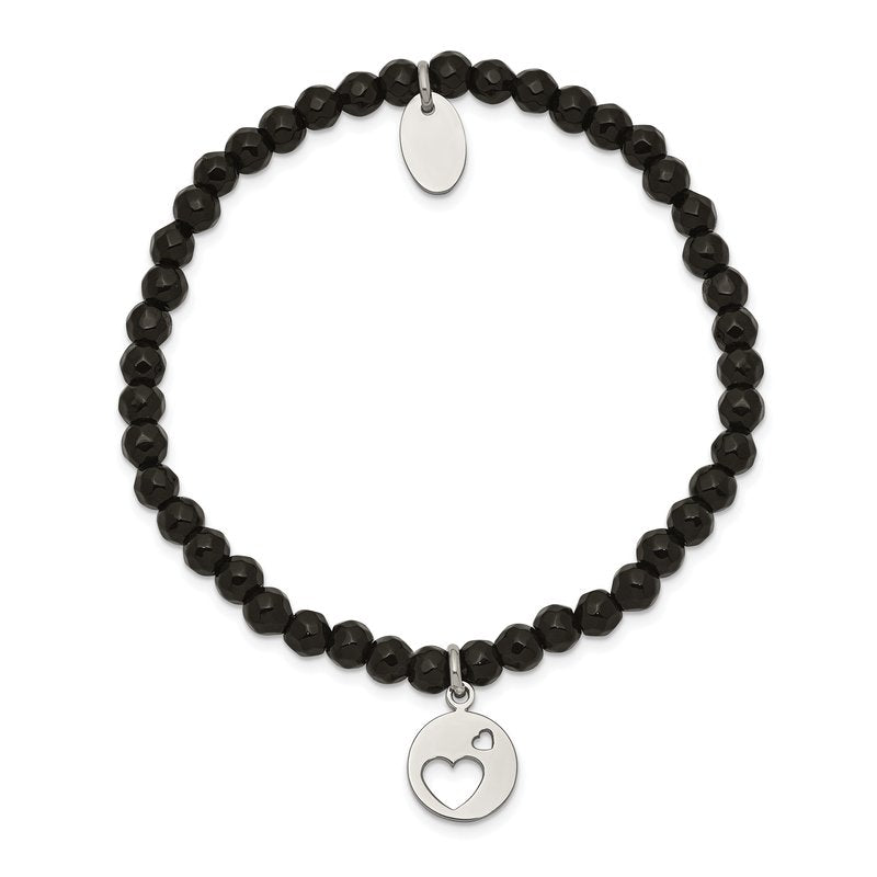 Stainless Steel Polished Hearts 4mm Black Jade Beaded Stretch Bracelet